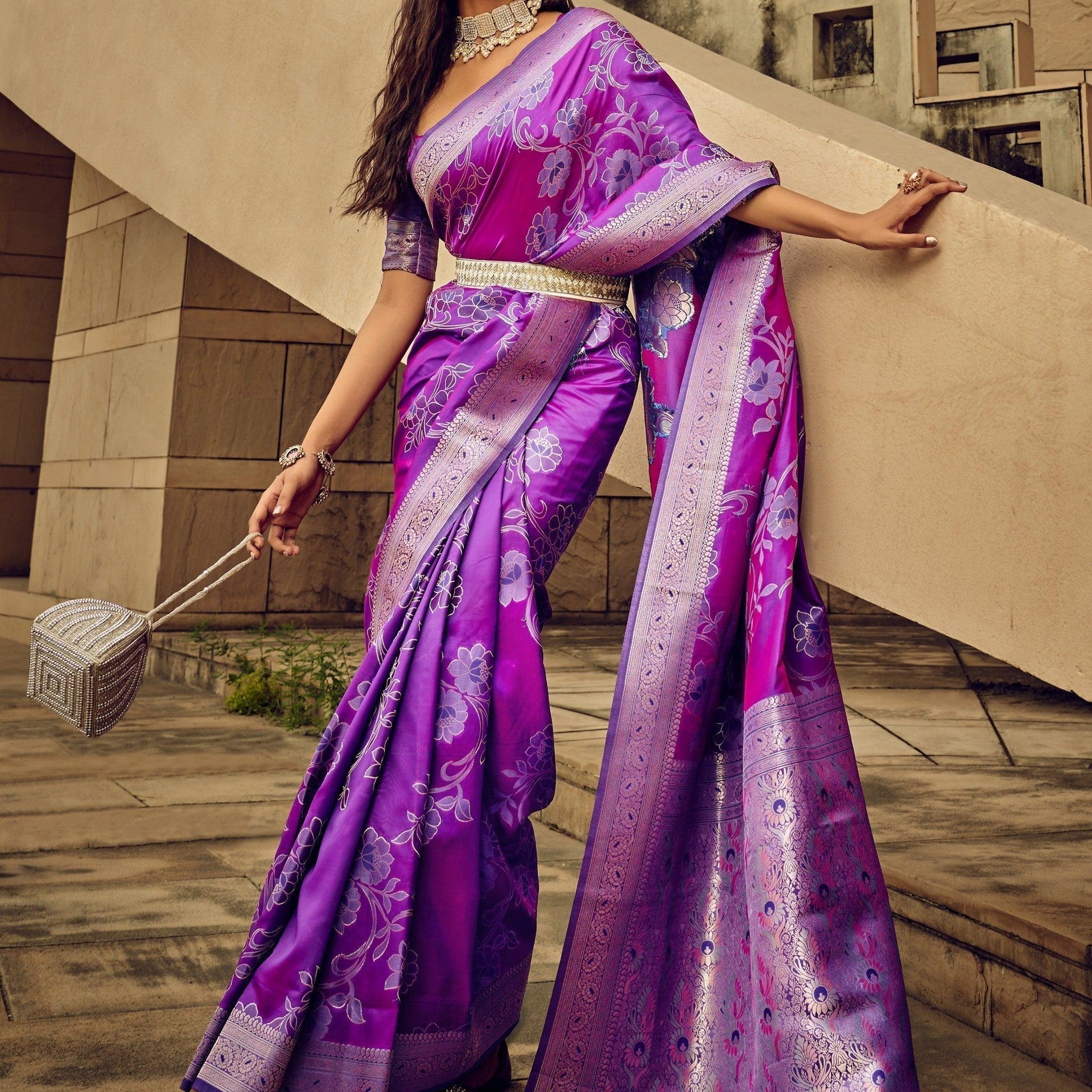 Ravishing Purple Zari Weaving Satin Festive Wear Saree With Blouse