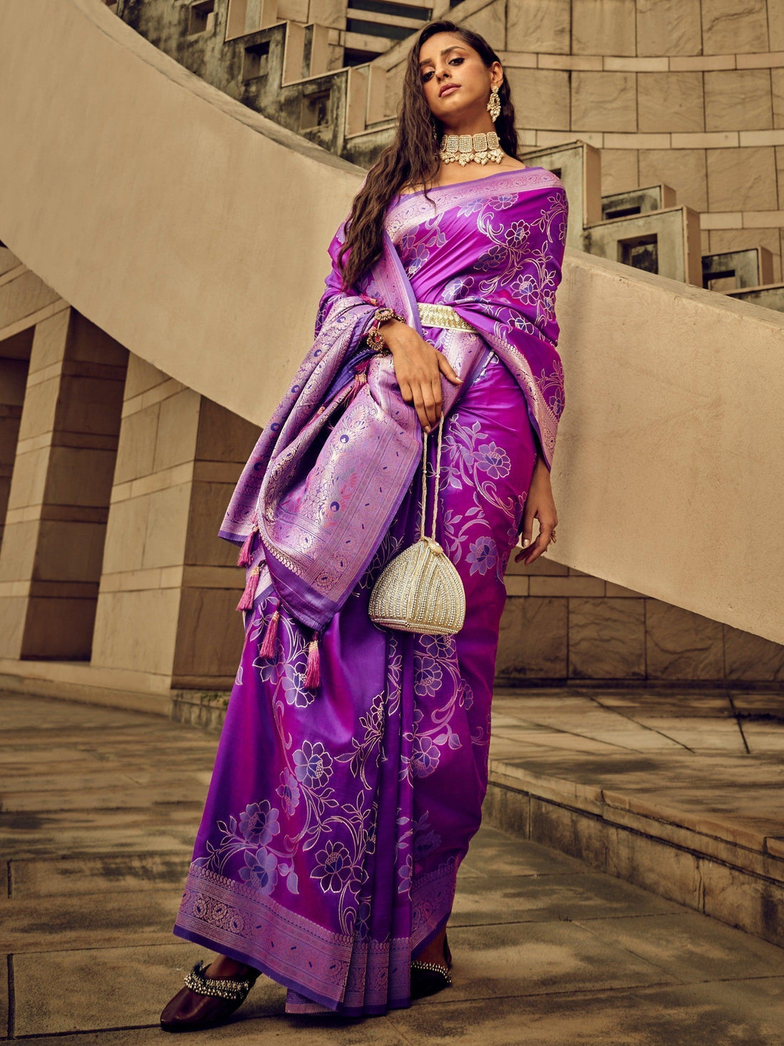 Ravishing Purple Zari Weaving Satin Festive Wear Saree With Blouse