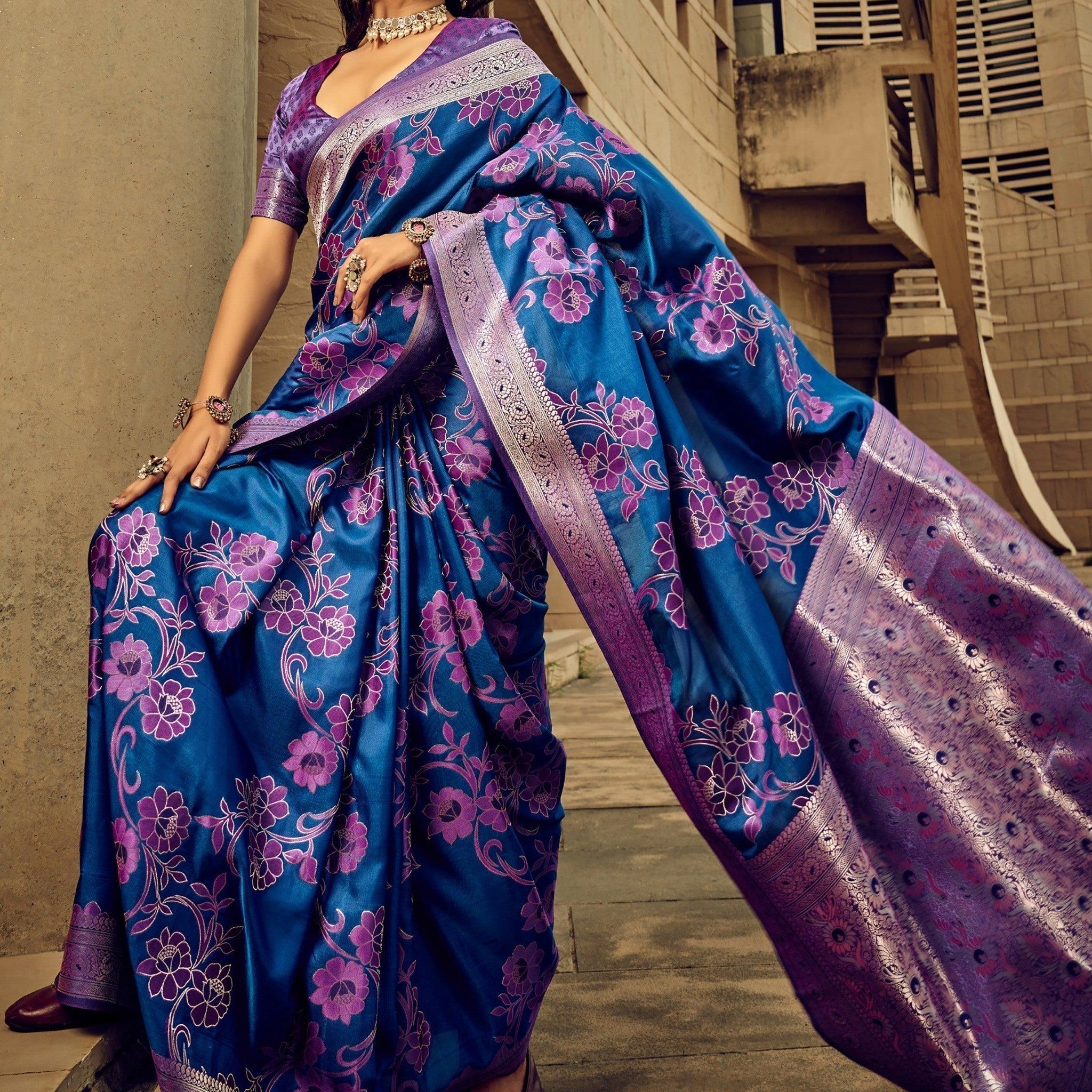 Incredible Blue Thread Weaving Satin Engagement Wear Saree