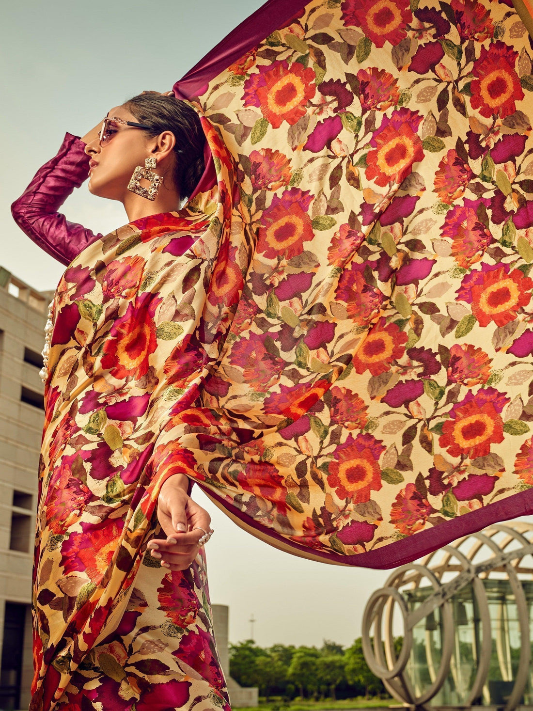 Wonderful Beige Floral Printed Satin Festive Wear Saree With Blouse