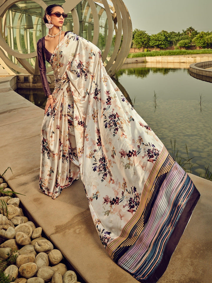 Incredible Cream & Purple Digital Printed Satin Saree With Blouse