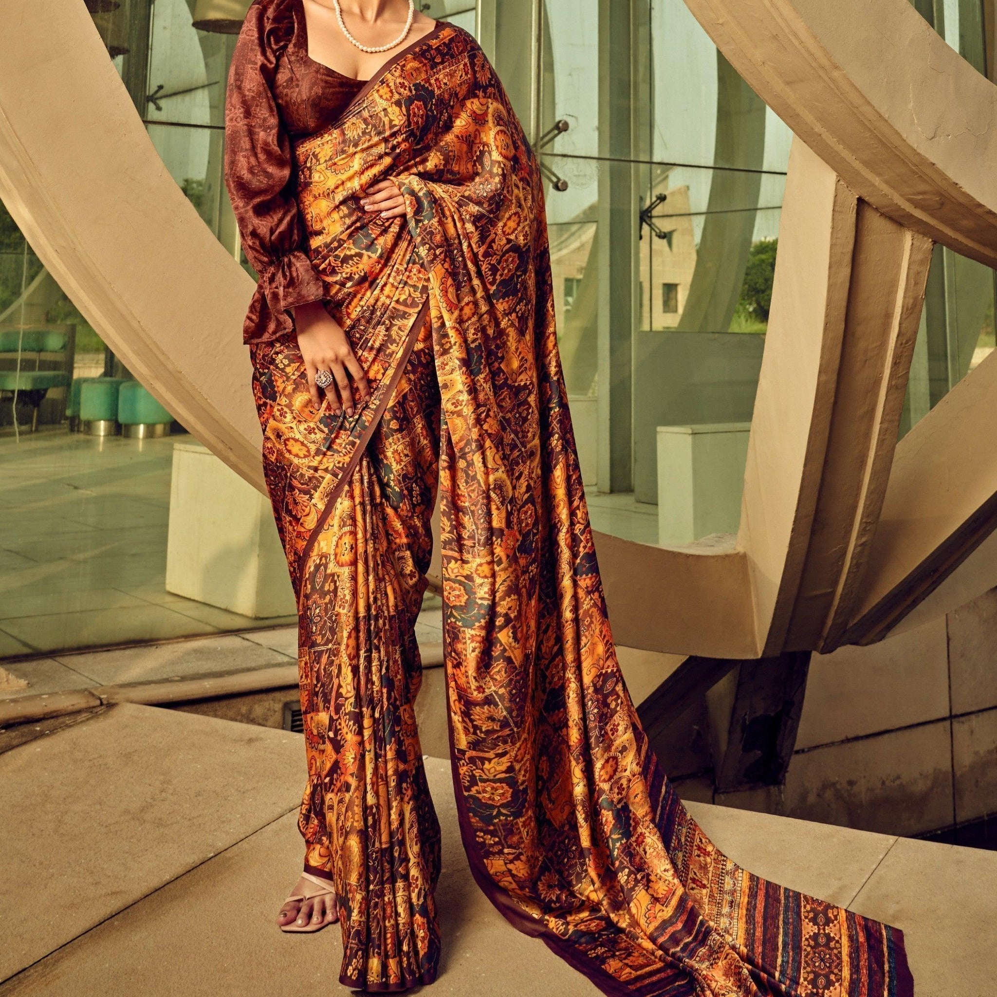 Unique Multi-Color Digital Printed Satin Function Wear Saree With Blouse
