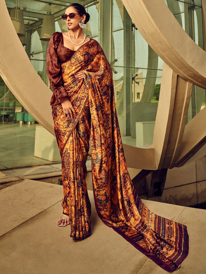 Unique Multi-Color Digital Printed Satin Function Wear Saree With Blouse