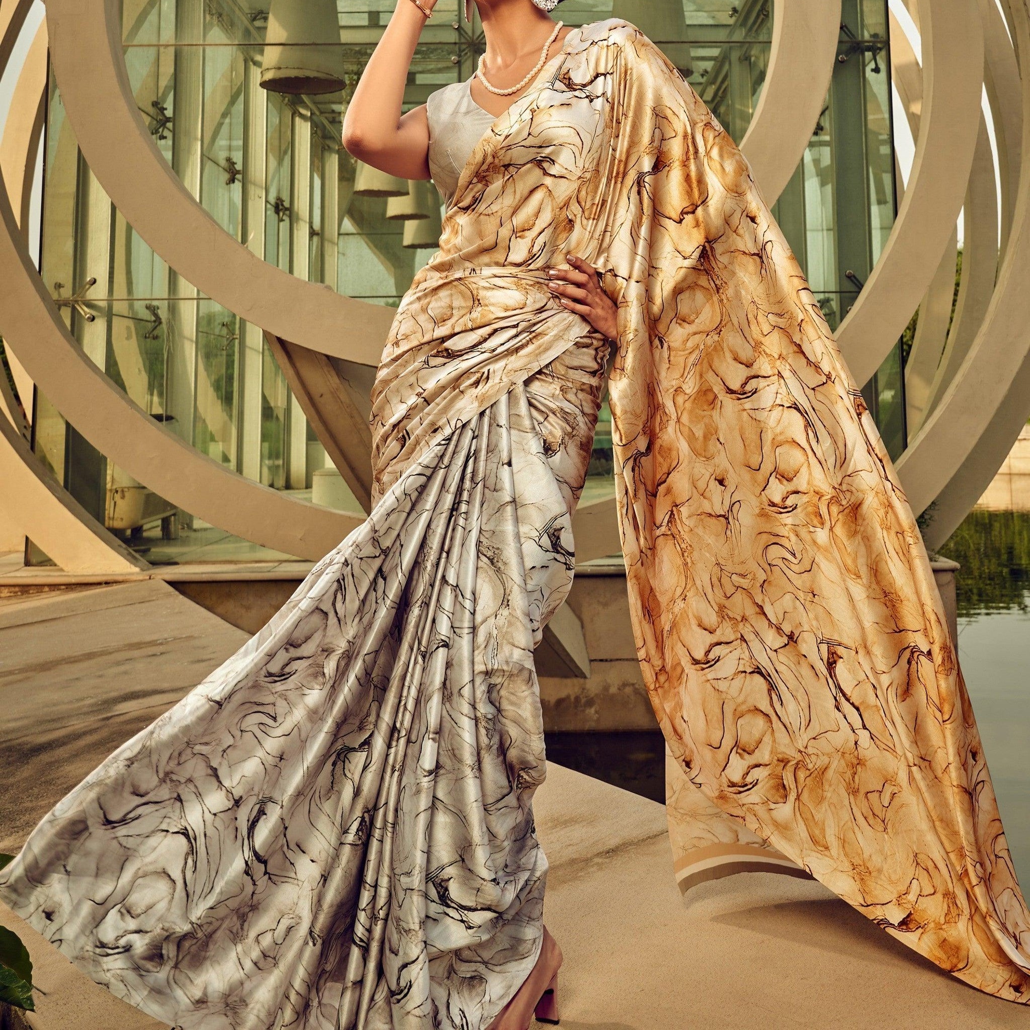 Indelible Grey & Golden Digital Printed Satin Saree With Blouse