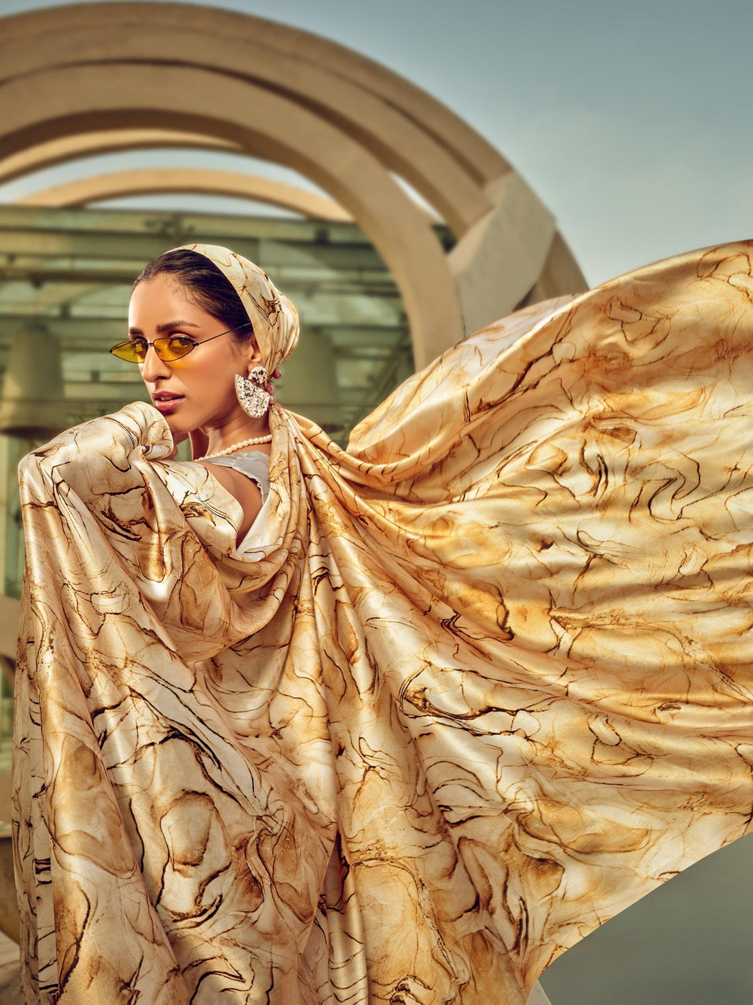 Indelible Grey & Golden Digital Printed Satin Saree With Blouse