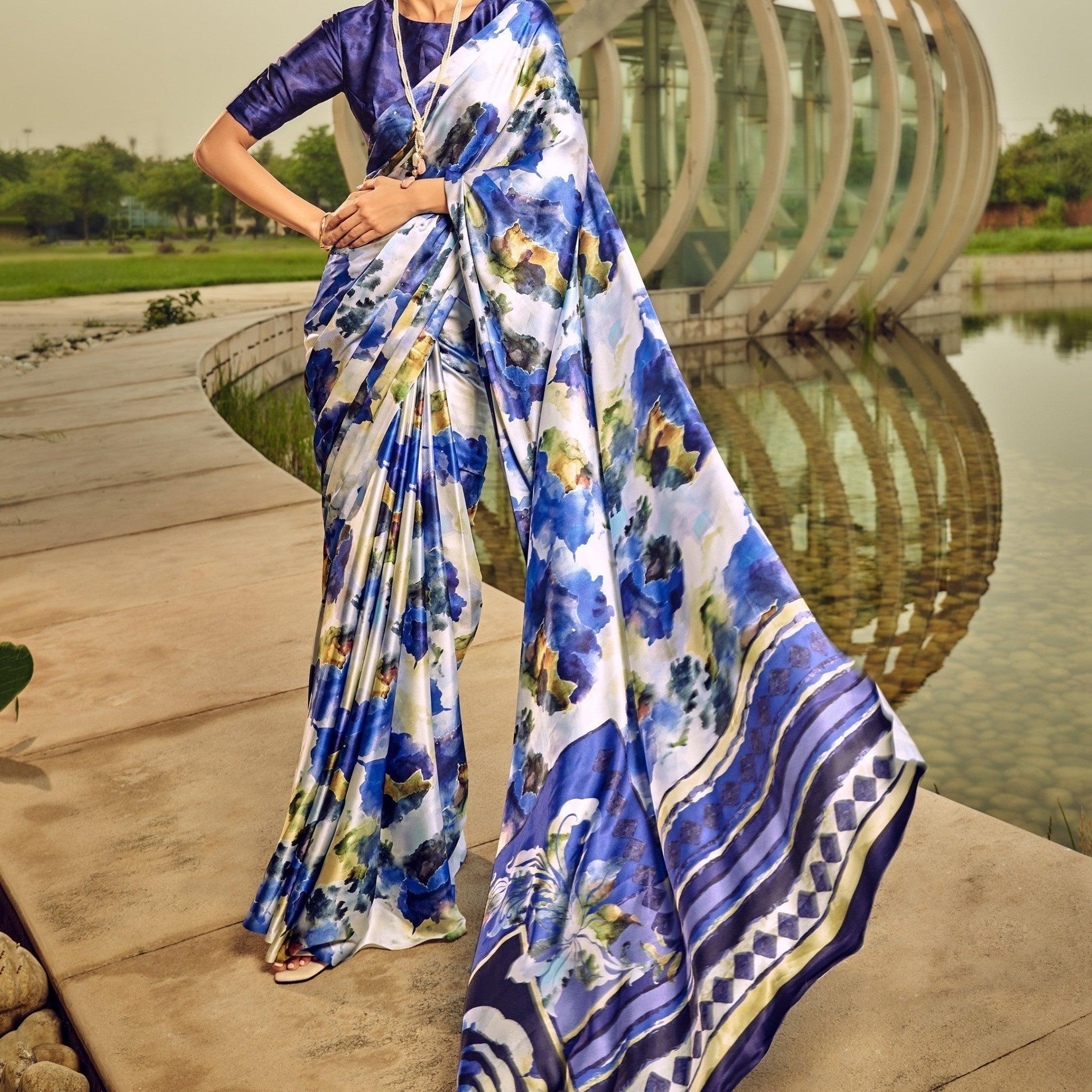 Stunning White & Blue Digital Printed Satin Saree With Blouse