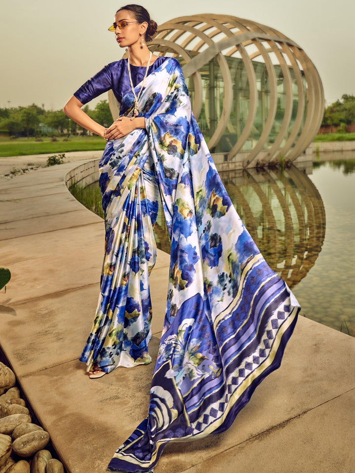Stunning White & Blue Digital Printed Satin Saree With Blouse