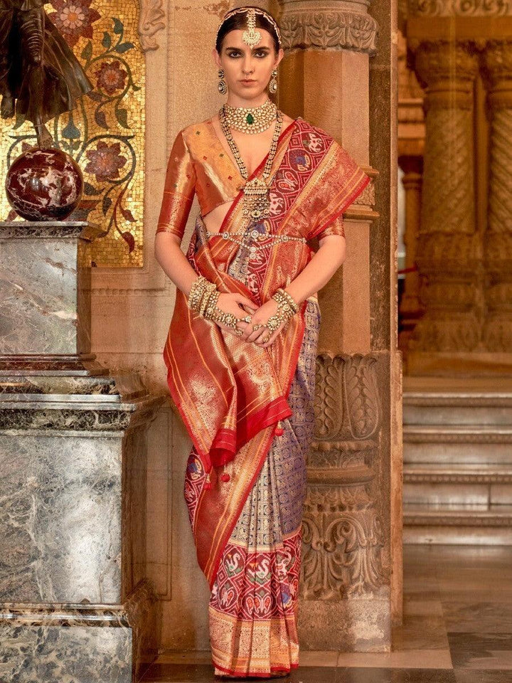 Astonishing Blue & Red Zari Weaving Silk Wedding Wear Saree