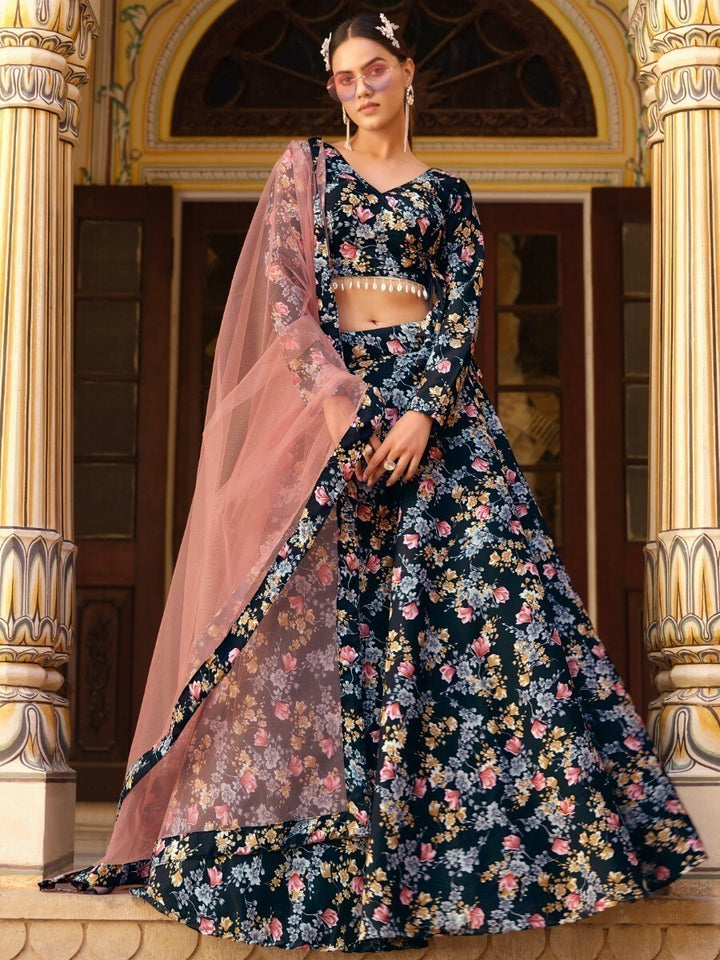 Incredible Black Floral Printed Silk Lehenga Choli With Dupatta