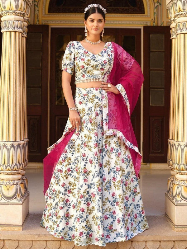 Enchanting White Floral Printed Silk Traditional Lehenga Choli