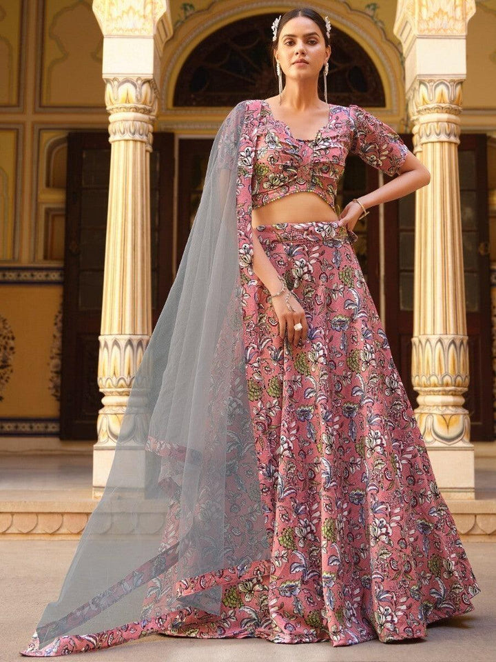Fetching Dusty Pink Floral Printed Silk Festive Wear Lehenga Choli