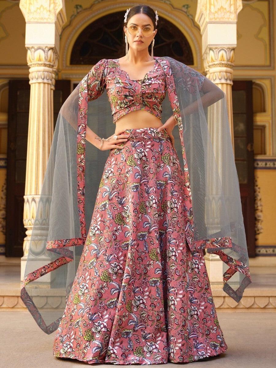 Fetching Dusty Pink Floral Printed Silk Festive Wear Lehenga Choli