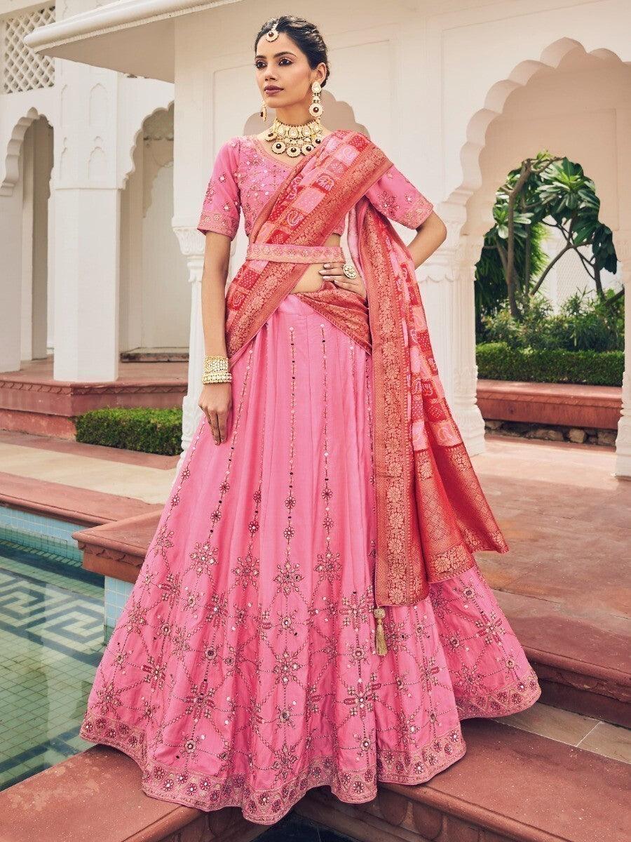 Astonishing Pink Embroidered Silk Wedding Wear Lehenga Choli