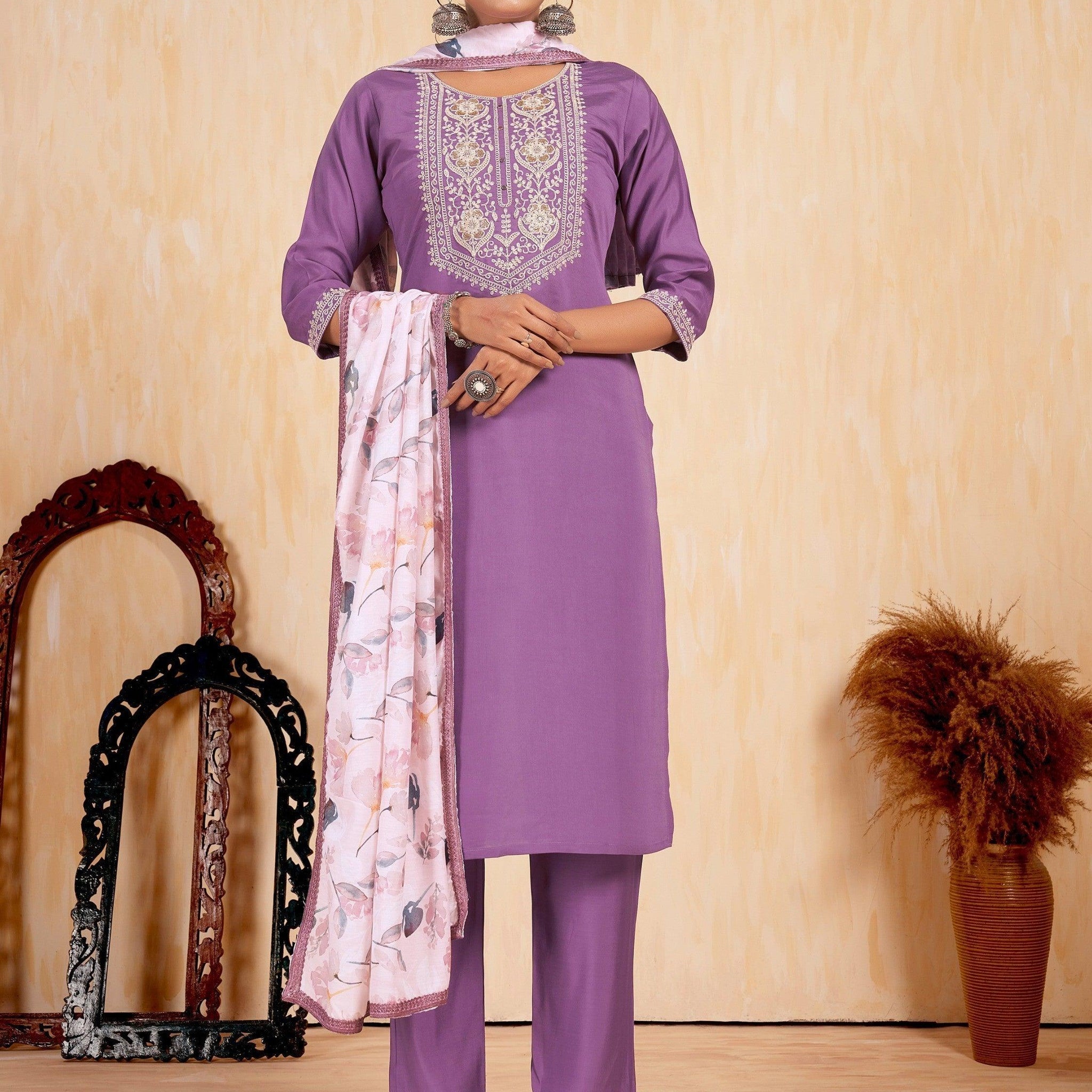 Unique Purple Embroidered Silk Readymade Pant Suit With Dupatta