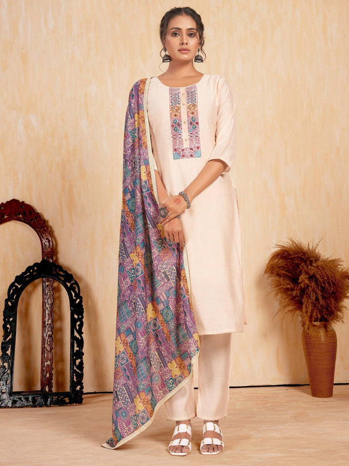 Impressive Cream Embroidered Silk Readymade Pant Suit With Dupatta