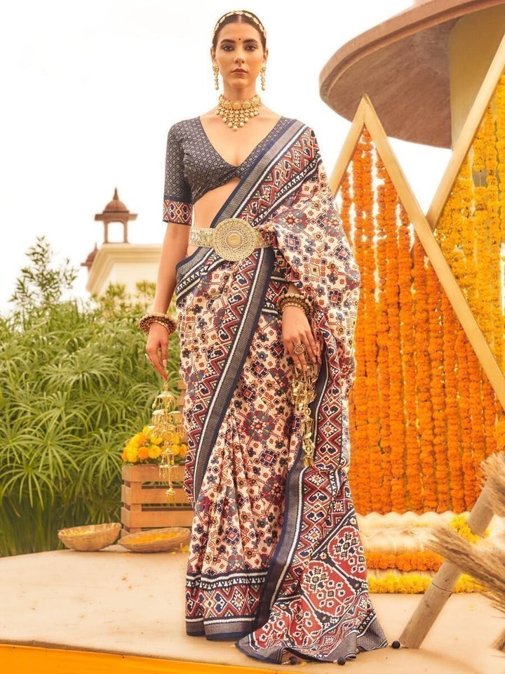 Stunning Cream Patola Printed Silk Traditional Saree With Blouse