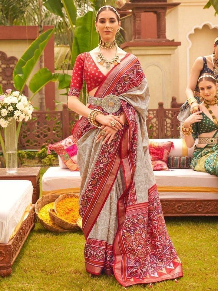 Superior Grey Patola Printed Silk Traditional Saree With Blouse