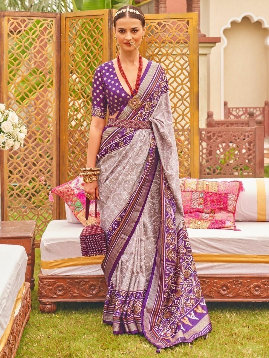 Alluring Grey Patola Printed Silk Wedding Wear Saree With Blouse