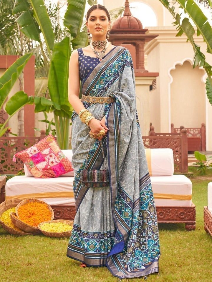 Captivating Grey Patola Printed Silk Events Wear Saree With Blouse