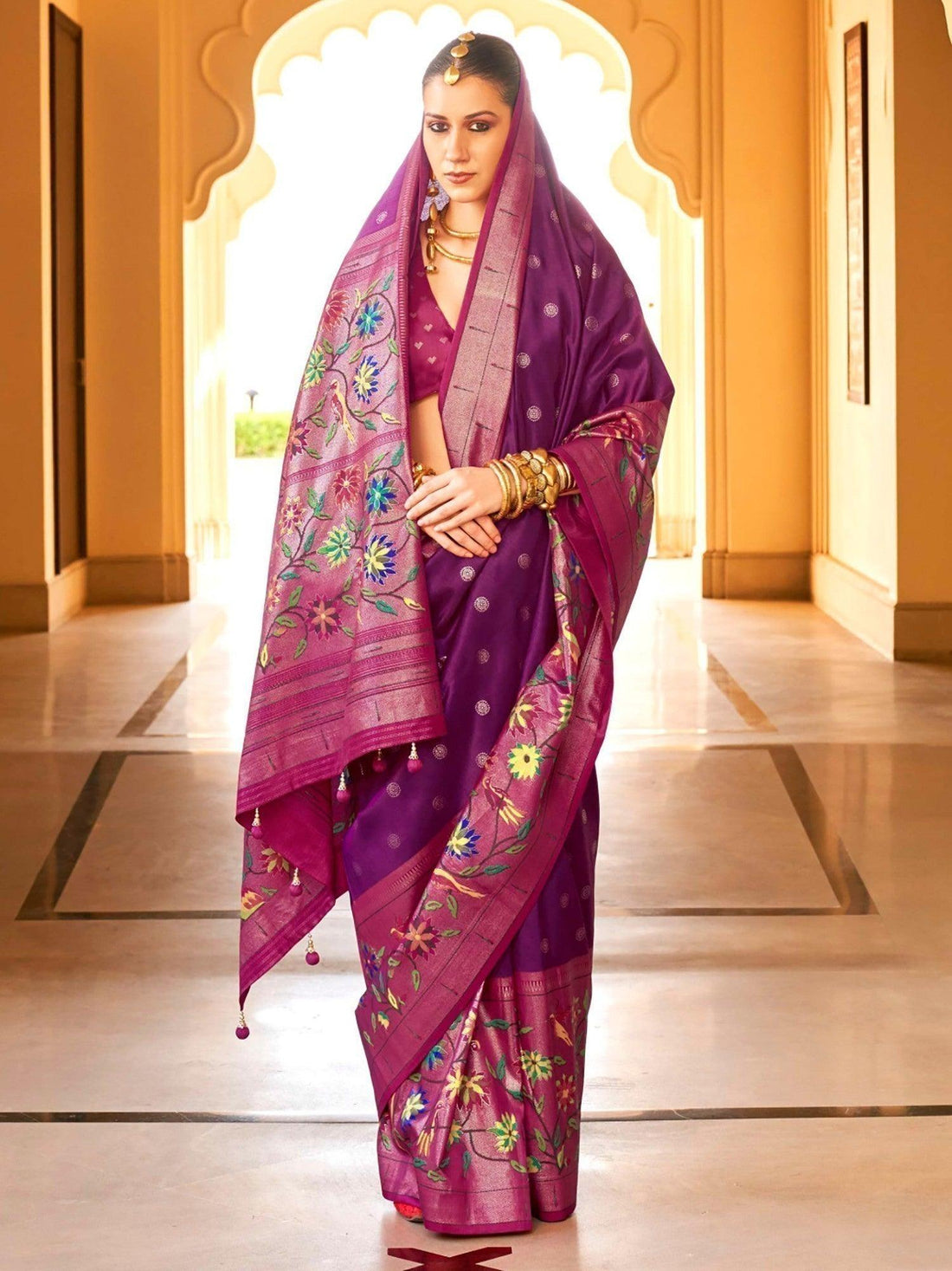 Stunning Wine Zari Weaving Silk Reception Wear Saree With Blouse