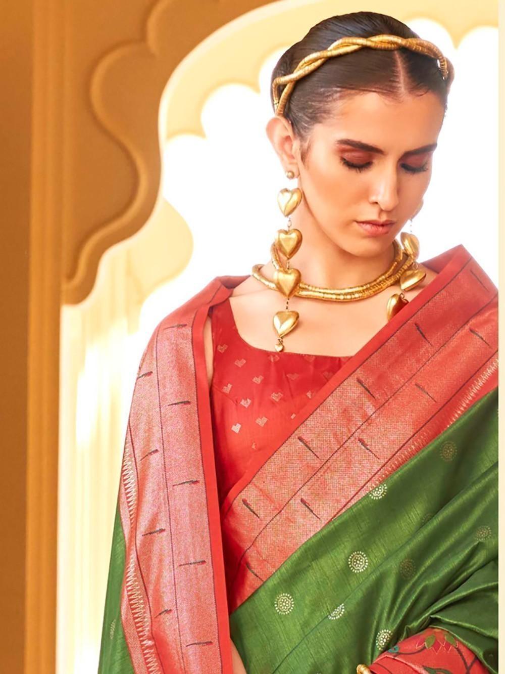 Pretty Olive Green Zari Weaving Silk Festival Wear Saree With Blouse