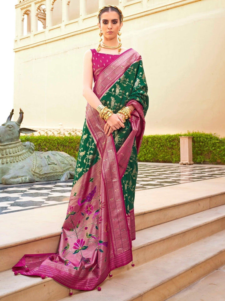 Pleasurable Green Zari Weaving Silk Function Wear Saree With Blouse