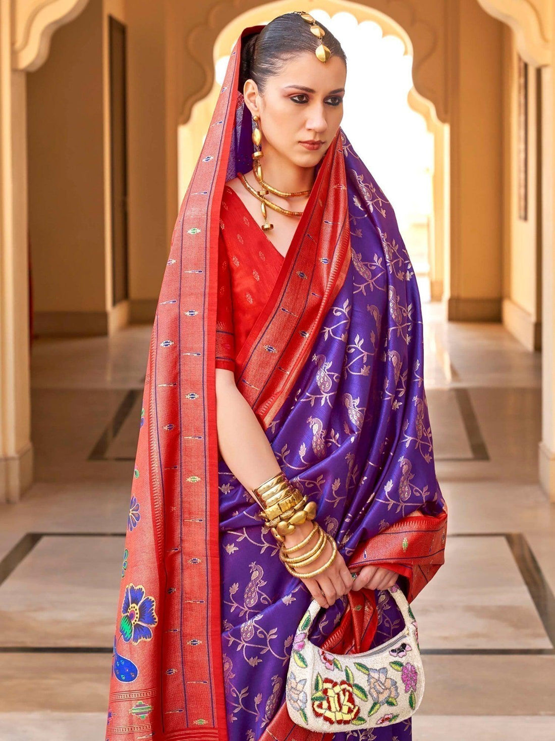 Alluring purple Zari Weaving Silk Wedding Wear Saree With Blouse