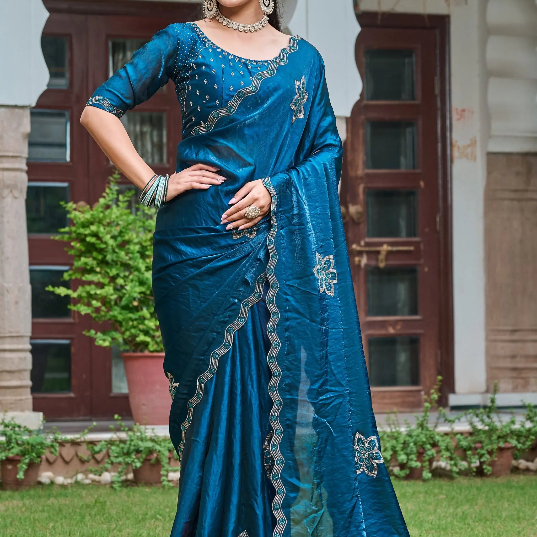 Smashing Teal Blue Diamond Work Silk Function Wear Saree With Blouse - Zeel Clothing