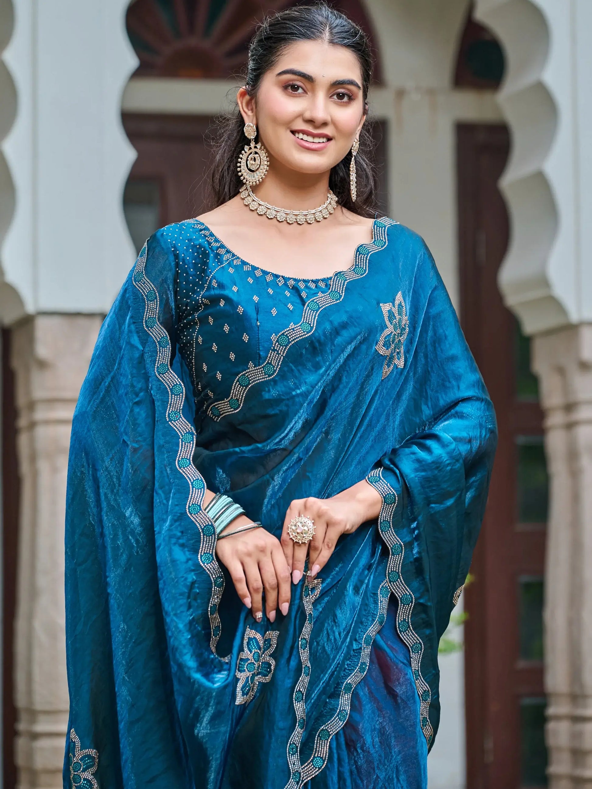 Smashing Teal Blue Diamond Work Silk Function Wear Saree With Blouse - Zeel Clothing