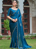 Smashing Teal Blue Diamond Work Silk Function Wear Saree With Blouse - Zeel Clothing