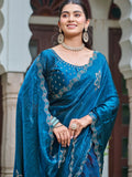 Smashing Teal Blue Diamond Work Silk Function Wear Saree With Blouse - Zeel Clothing