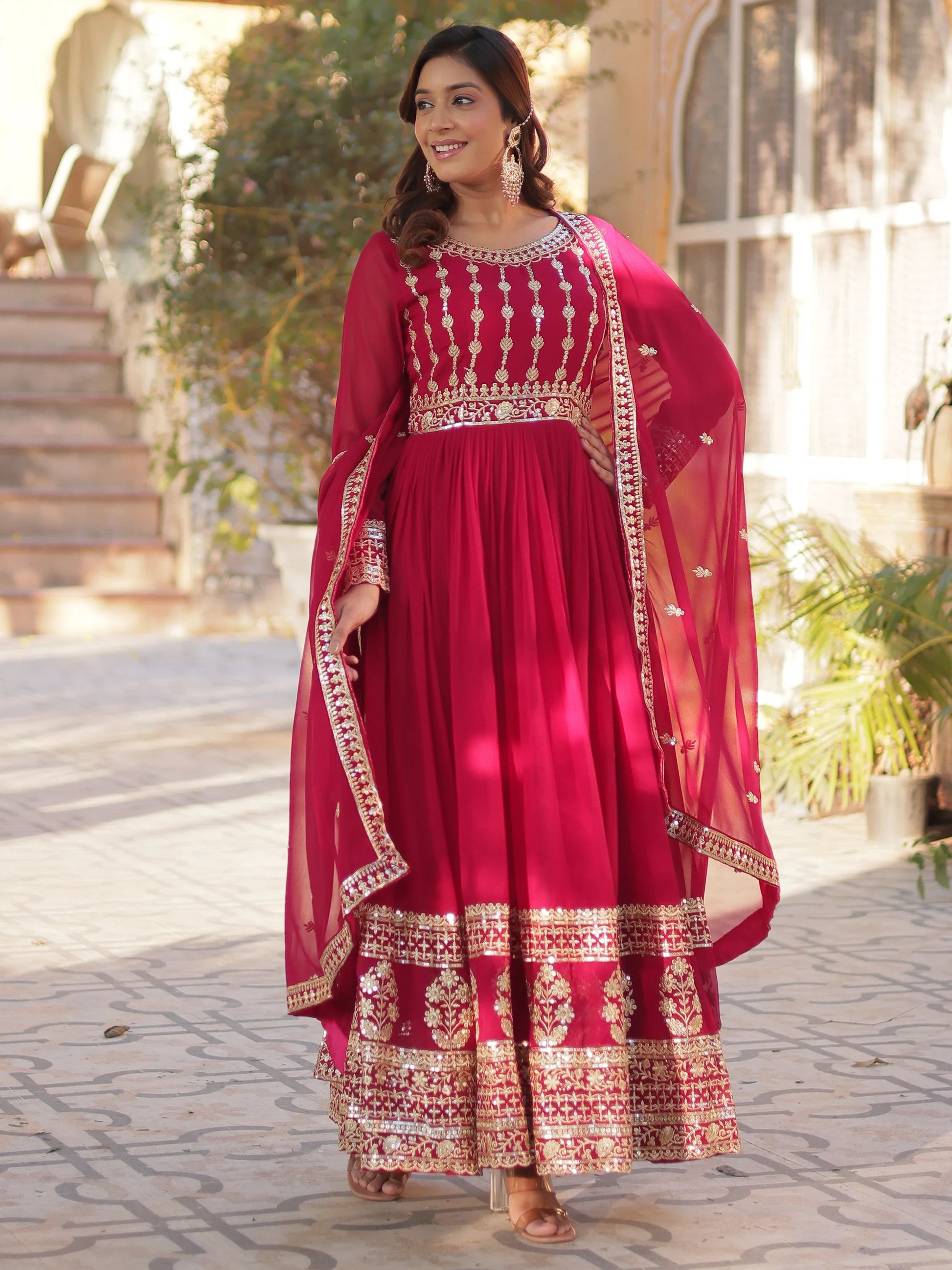 Sophisticated Pink Zari Embroidery Georgette Eid Special Gown With Dupatta - Zeel Clothing