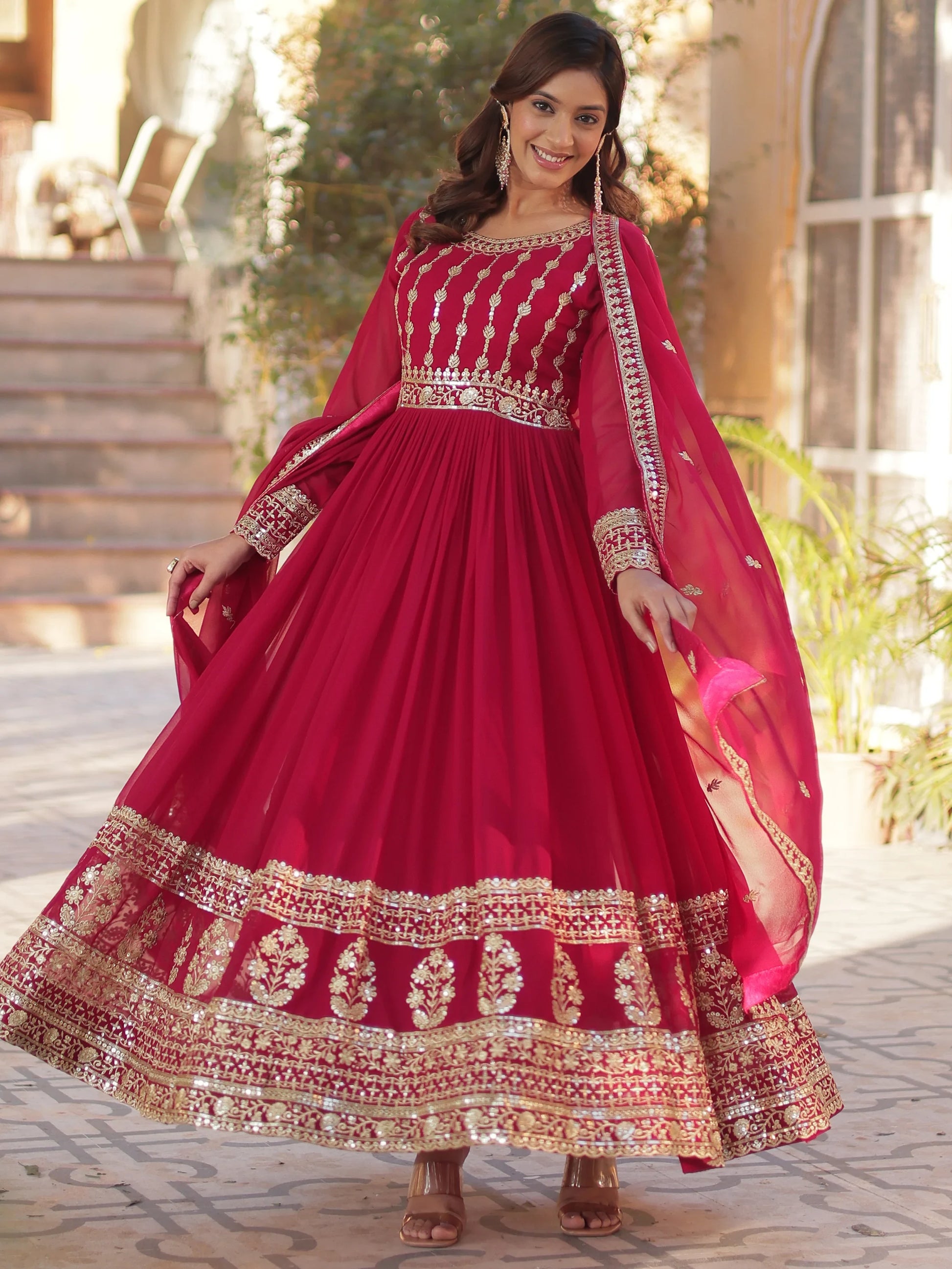 Sophisticated Pink Zari Embroidery Georgette Eid Special Gown With Dupatta - Zeel Clothing