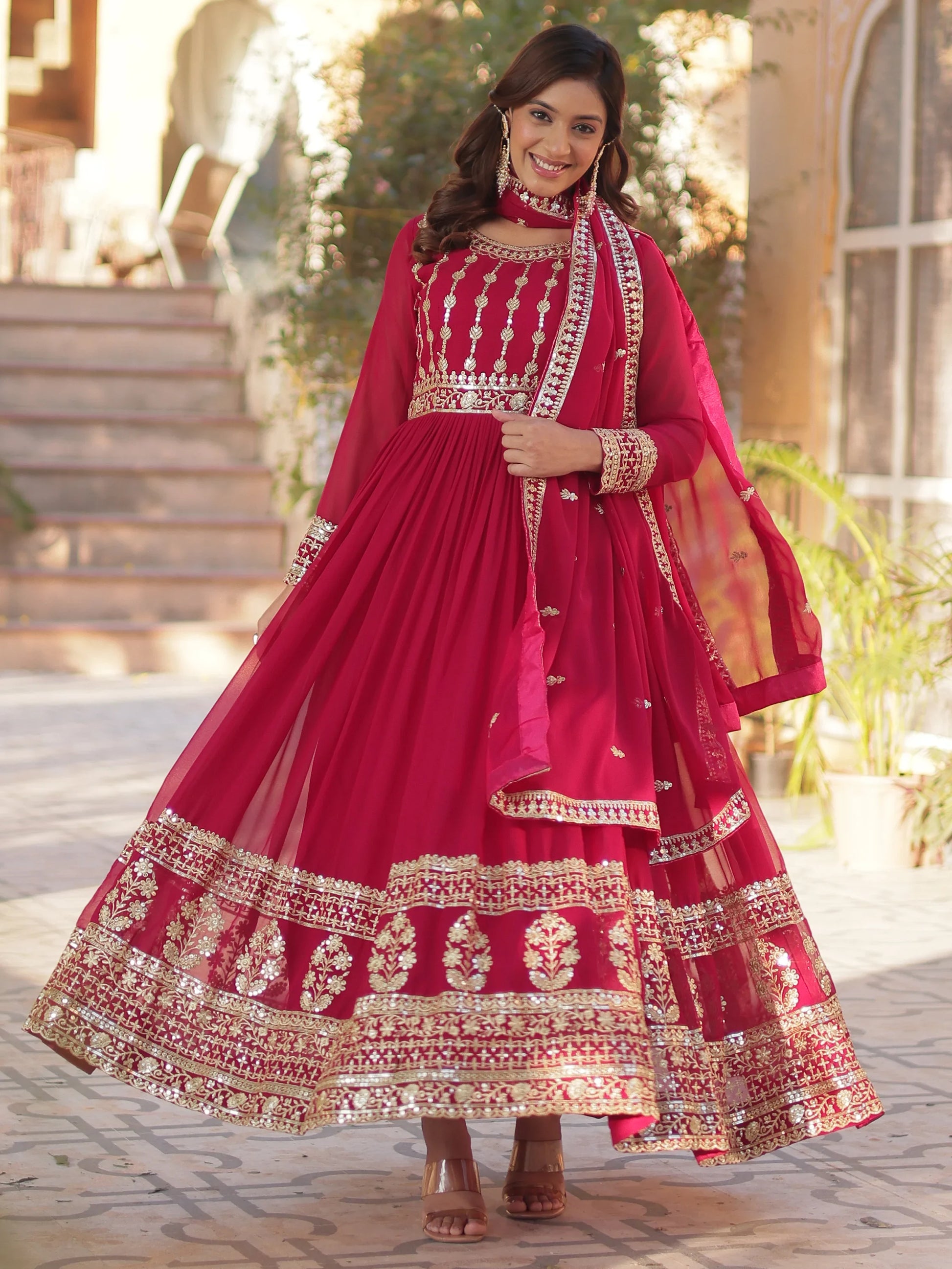 Sophisticated Pink Zari Embroidery Georgette Eid Special Gown With Dupatta - Zeel Clothing