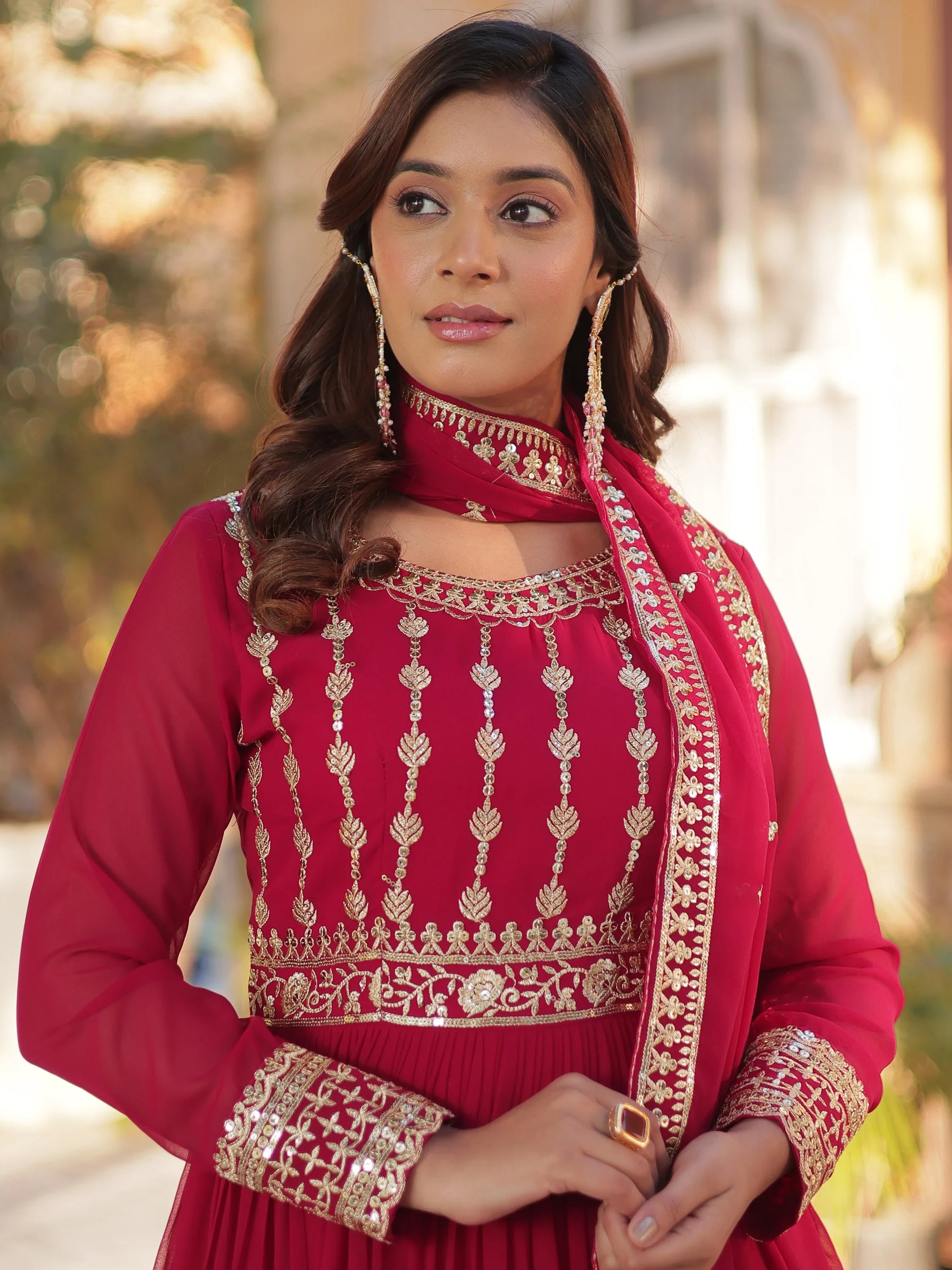 Sophisticated Pink Zari Embroidery Georgette Eid Special Gown With Dupatta - Zeel Clothing