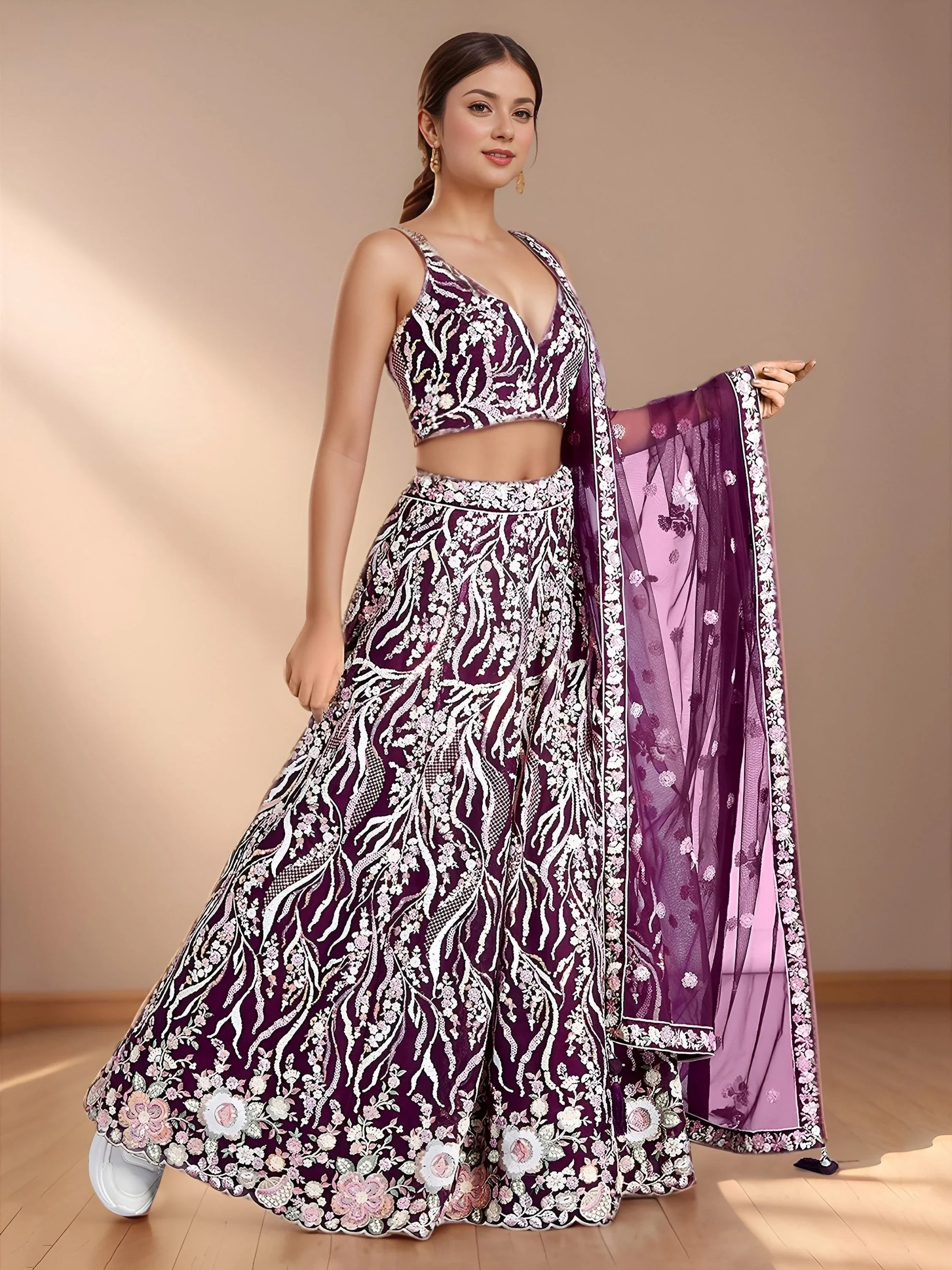 Sophisticated Wine Embroidered Net Party Wear Lehenga Choli With Dupatta