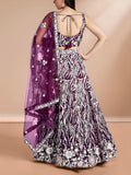 Sophisticated Wine Embroidered Net Party Wear Lehenga Choli With Dupatta