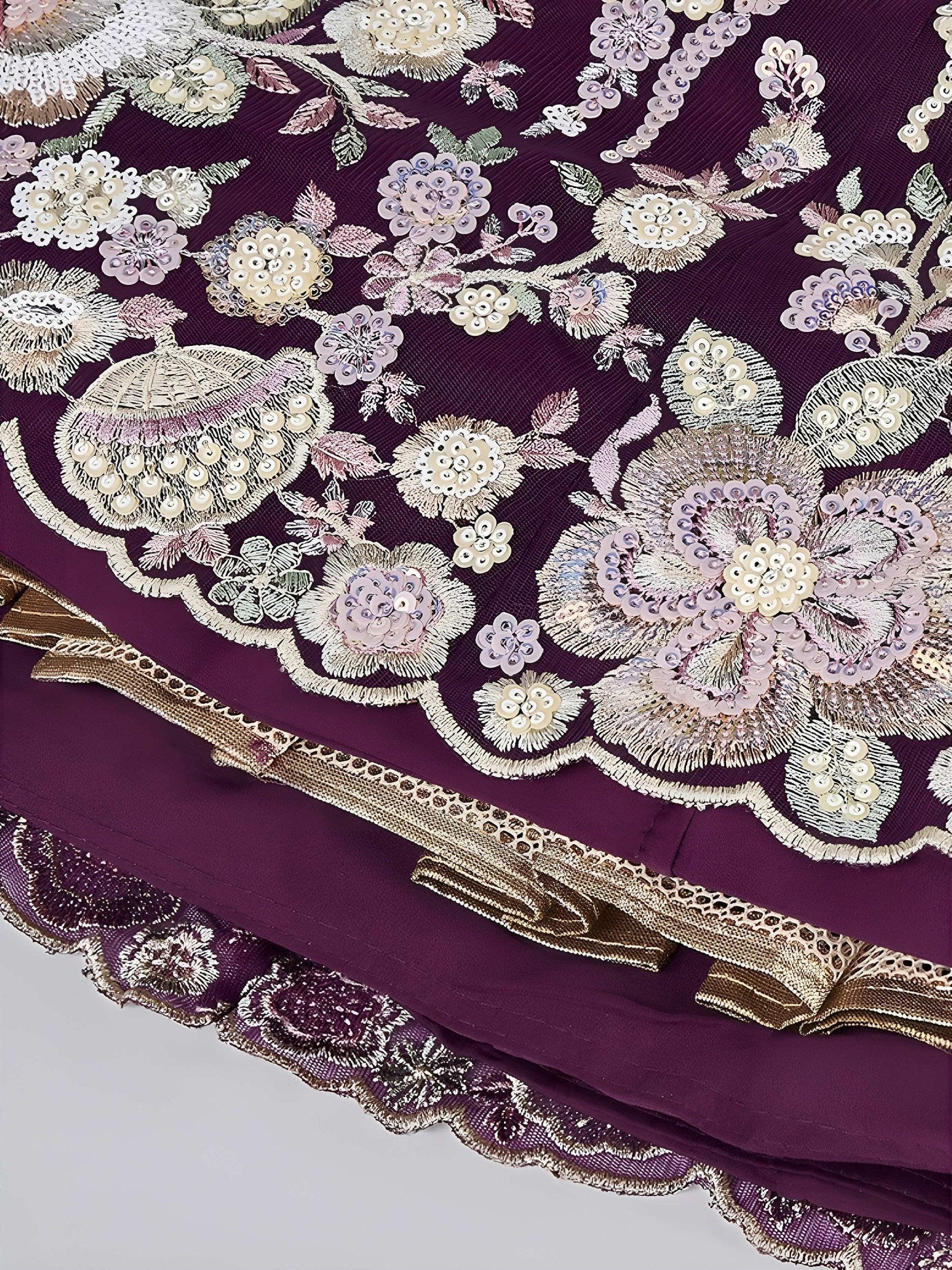 Sophisticated Wine Embroidered Net Party Wear Lehenga Choli With Dupatta