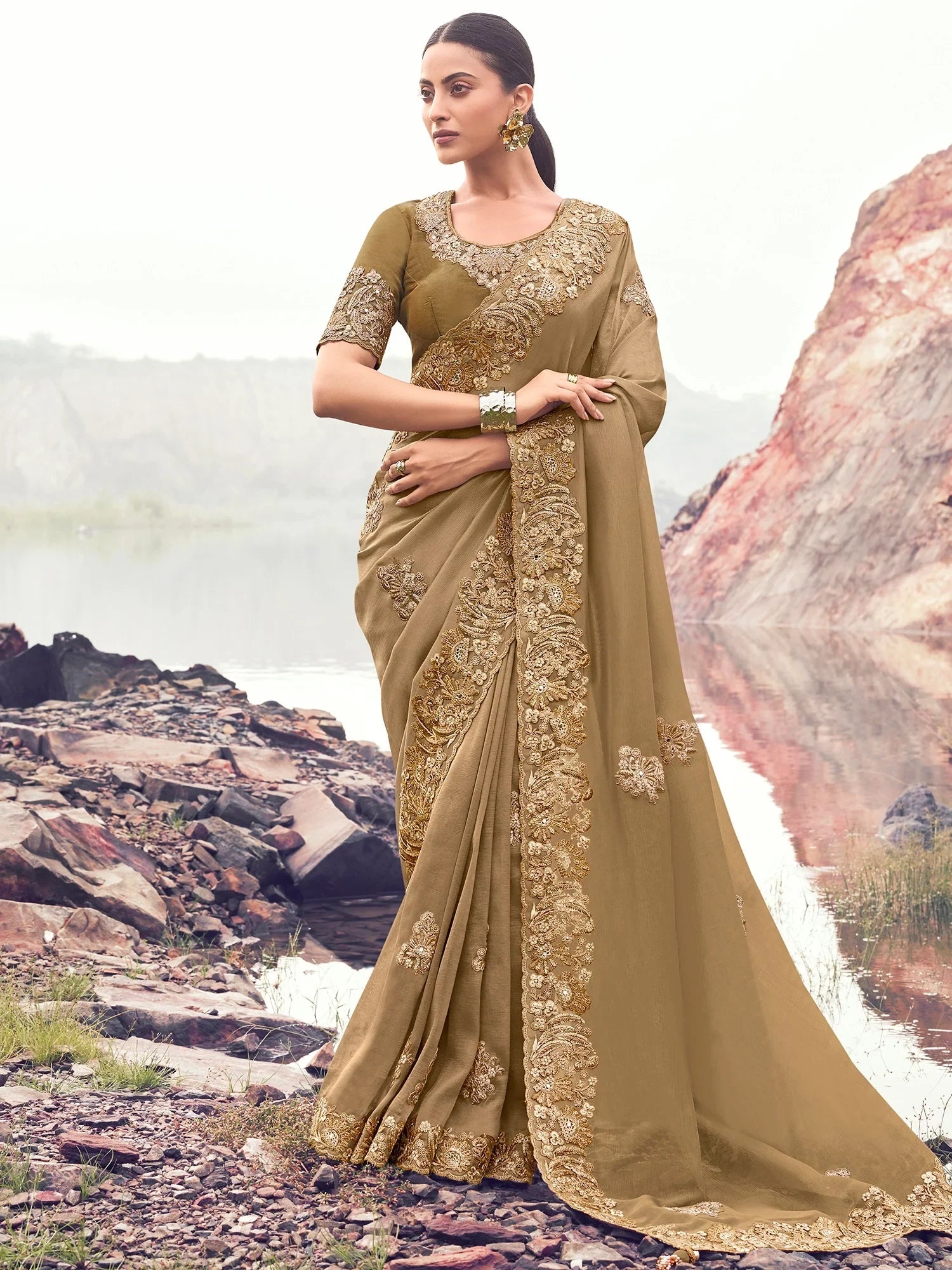 Sparkling Golden Khatli Work Banarasi Wedding Wear Saree With Blouse