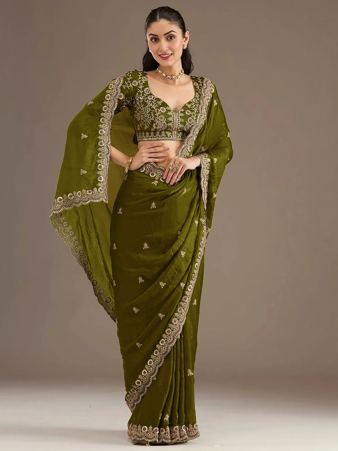 Sparkling Olive Green Embroidered Tissue Mehendi Wear Saree With Blouse