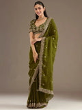 Sparkling Olive Green Embroidered Tissue Mehendi Wear Saree With Blouse