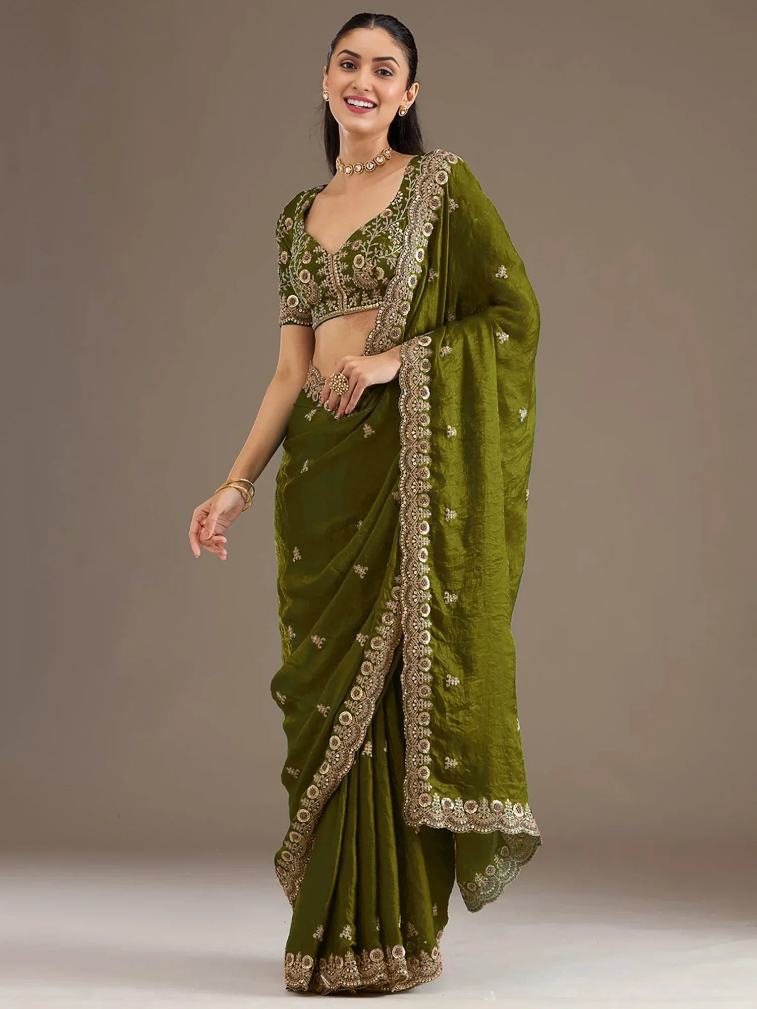 Sparkling Olive Green Embroidered Tissue Mehendi Wear Saree With Blouse