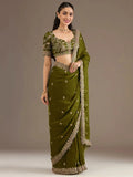 Sparkling Olive Green Embroidered Tissue Mehendi Wear Saree With Blouse