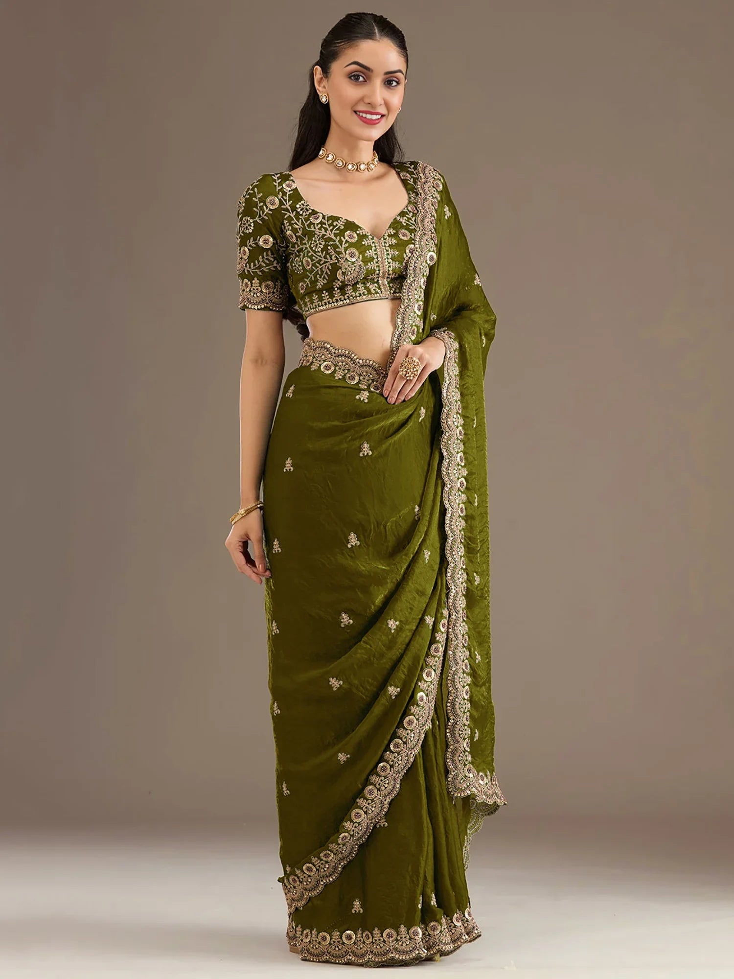 Sparkling Olive Green Embroidered Tissue Mehendi Wear Saree With Blouse