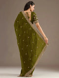 Sparkling Olive Green Embroidered Tissue Mehendi Wear Saree With Blouse