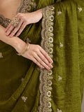 Sparkling Olive Green Embroidered Tissue Mehendi Wear Saree With Blouse