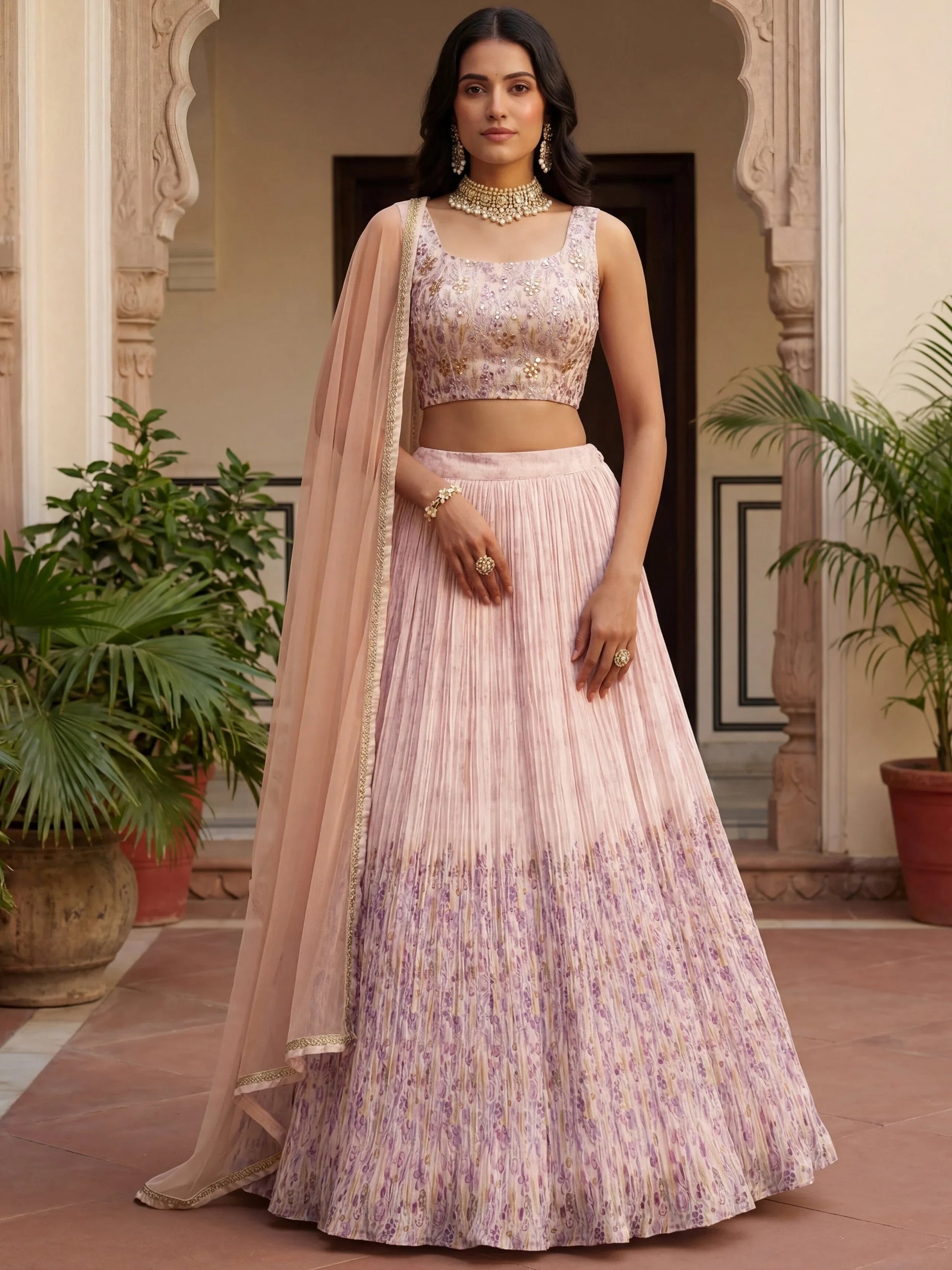 Sparkling Peach Georgette Sangeet Wear Lehenga With Mirror Work Blouse