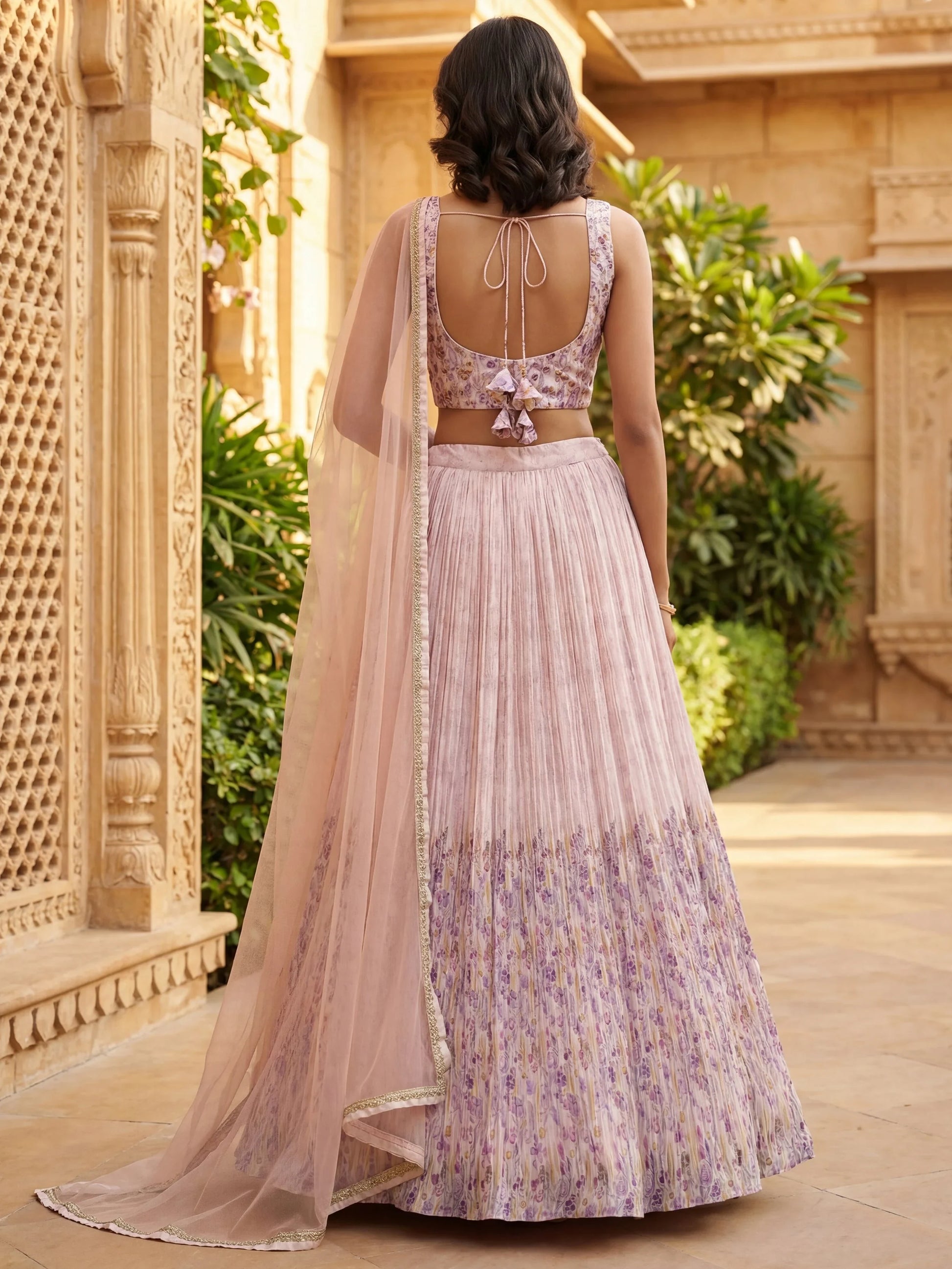 Sparkling Peach Georgette Sangeet Wear Lehenga With Mirror Work Blouse