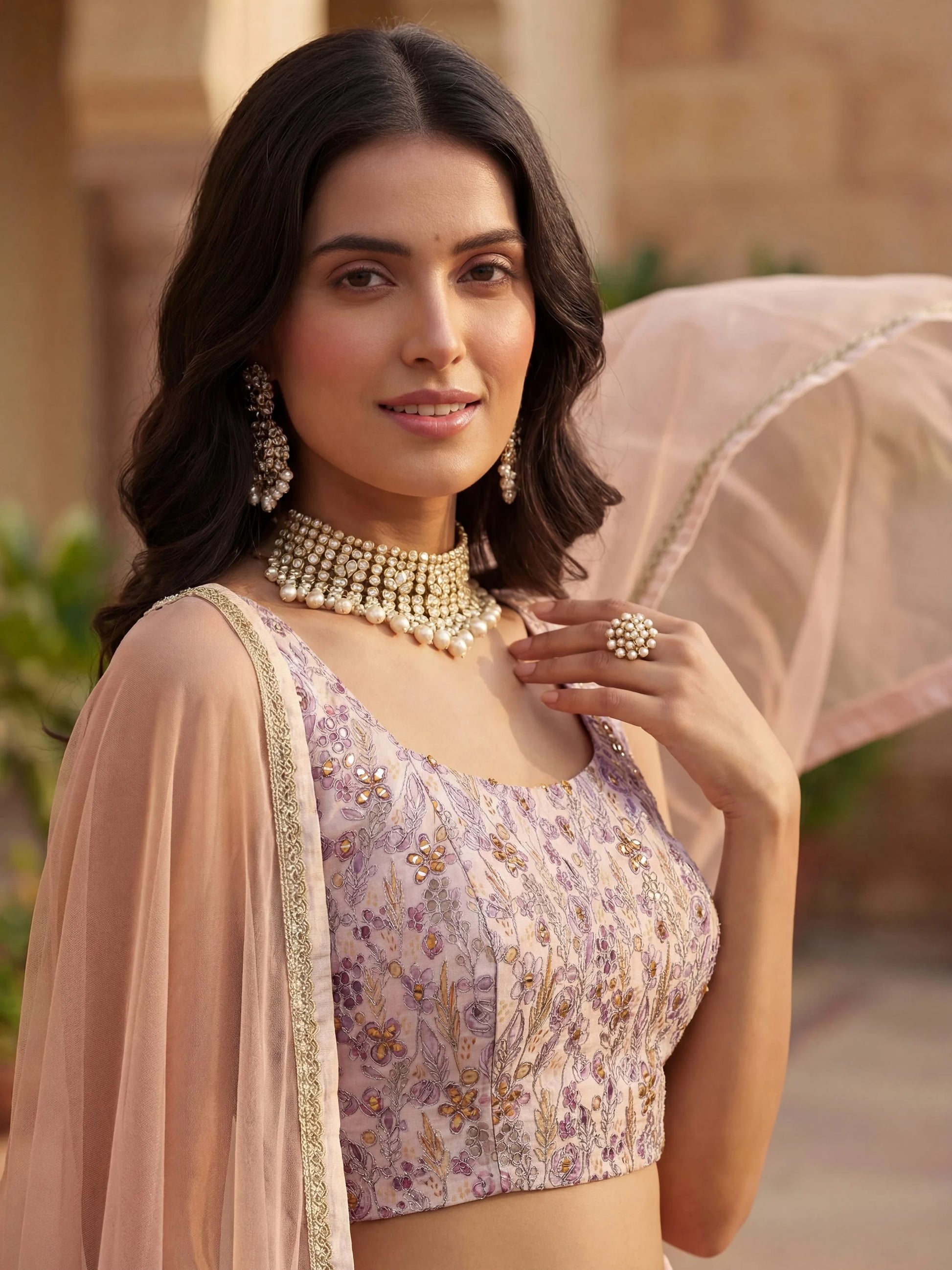 Sparkling Peach Georgette Sangeet Wear Lehenga With Mirror Work Blouse