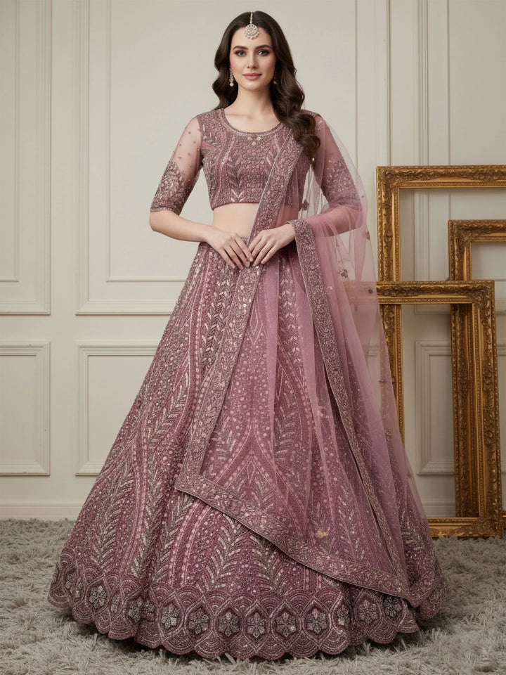 Sparkling Rose Gold Sequins Net Engagement Wear Lehenga Choli With Dupatta